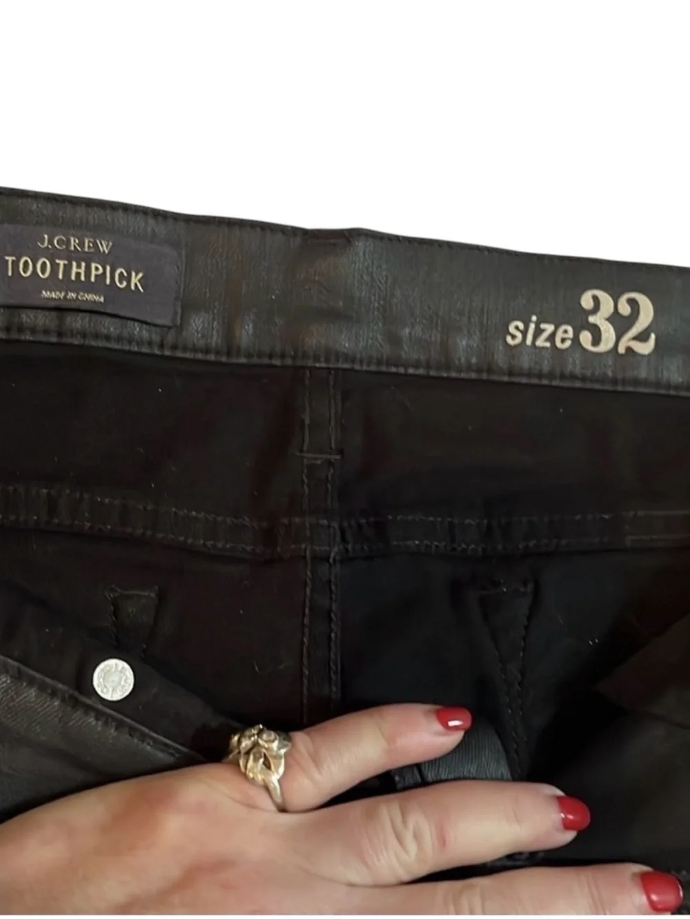 J. Crew size 32 black coated jeans style toothpick back is softer ponte fabric